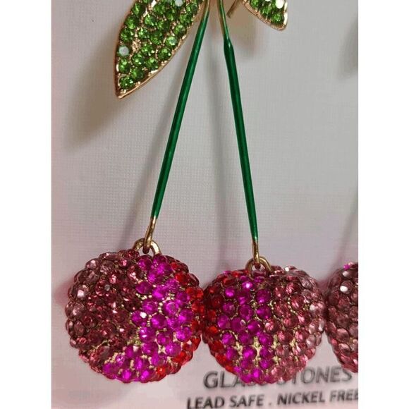 🍒 PIPER K Cherry Glass Stones Nickel Free Drop Statement Earrings NEW IN BOX - Picture 11 of 14